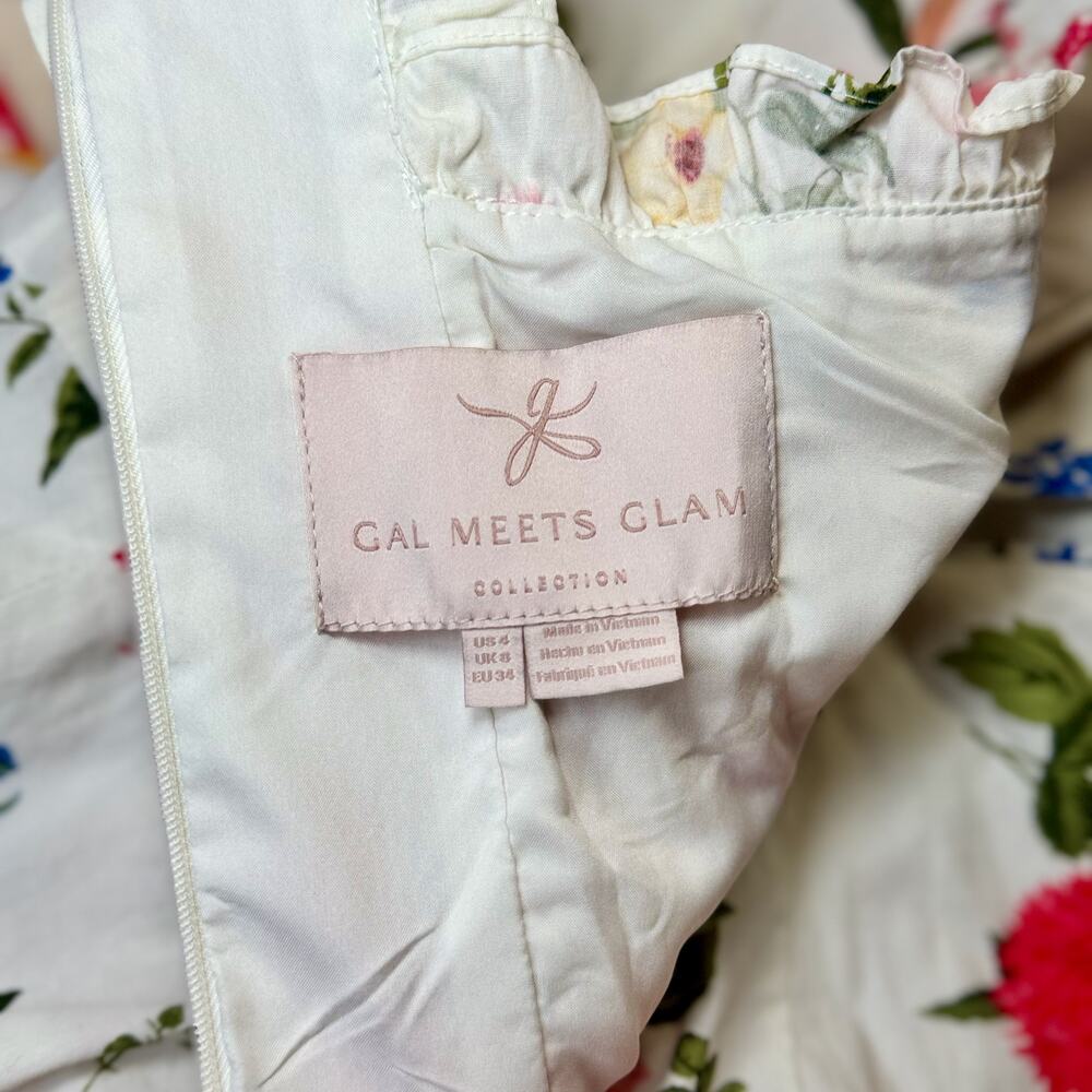 Gal Meets Glam Beverly Ruffle Floral Cotton Wide Leg Cropped Jumpsuit White 4 - Picture 6 of 16